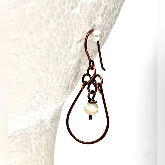 HANDMADE Mother of Pearl Wire Wrapped Copper Dangle Earrings, Gift for Mom Her - Picture 9 of 10